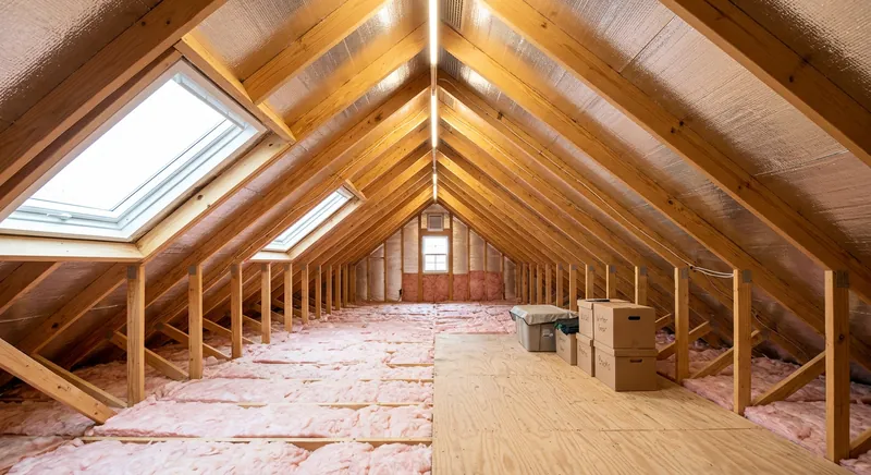 Residential attic with insulation and ventilation system
